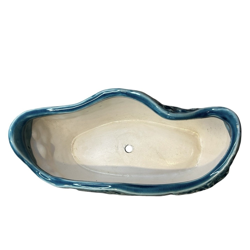 Vintage Ceramic Planter Blue & Gray Embossed Floral Clover Abstract Oval Glazed - Picture 4 of 9